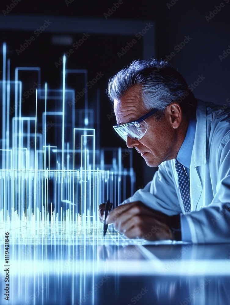 Poster a researcher examining the optical properties of a new material under a laser beam, with diffraction