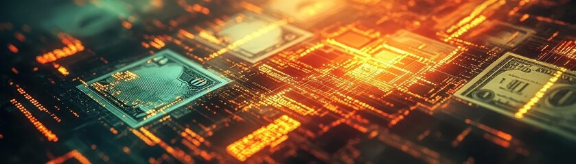 A symbolic visualization of banknotes transitioning into glowing digital exchange graphs, soft shadows and tones