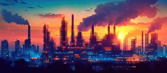 Fototapeta premium Industrial sunset cityscape at night with smoke stacks.