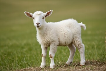Fototapeta premium there is a small white sheep standing in a field of grass