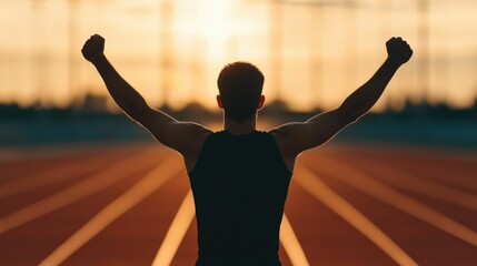 Triumphant athlete with arms raised in victory after breakthrough performance in a competitive track and field sporting event silhouetted against a vibrant sunset sky