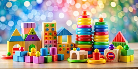 Bokeh Photography: Educational Toys for Kids, Colorful Playthings, Children's Learning Resources, Preschool Toys, White Background
