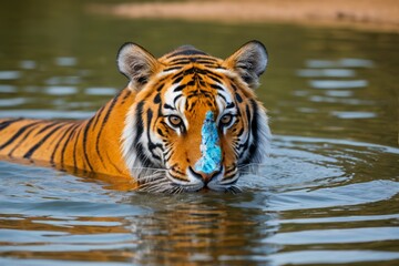 Fototapeta premium there is a tiger that is swimming in the water with a blue stick in its mouth