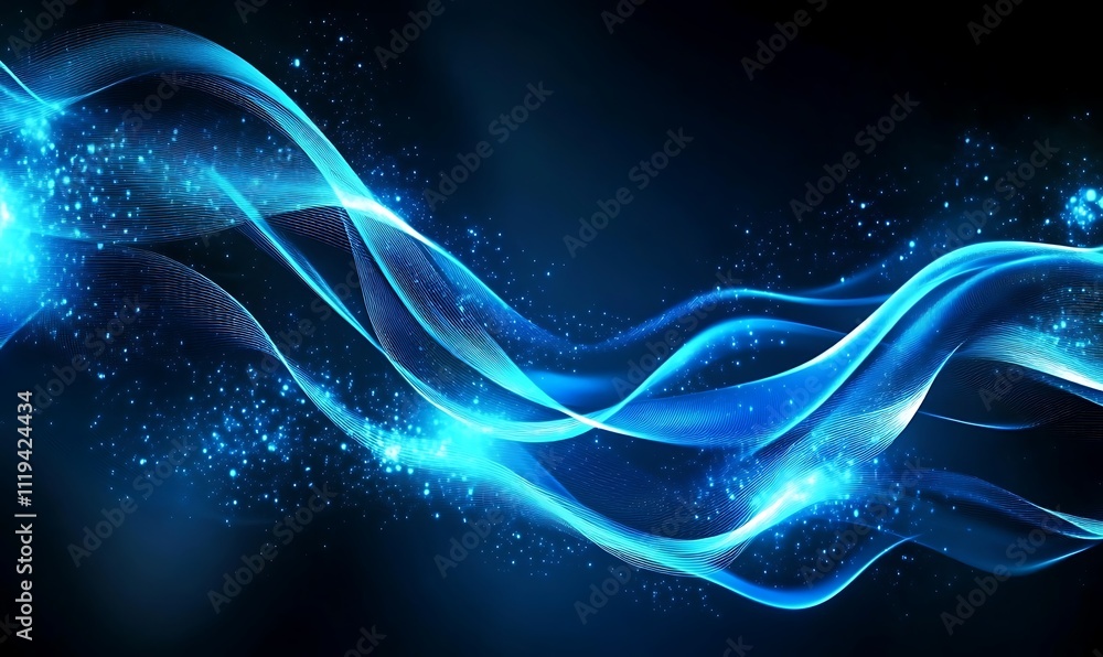 Poster abstract blue glowing light wave on a dark background creating an ethereal and dynamic effect with f