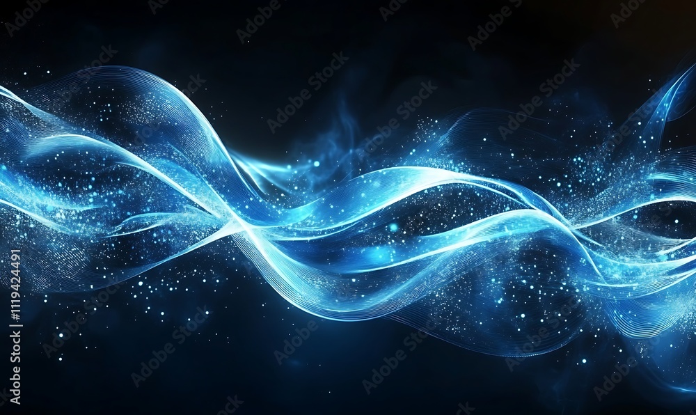 Poster abstract blue glowing light wave on a dark background creating an ethereal and dynamic effect with f