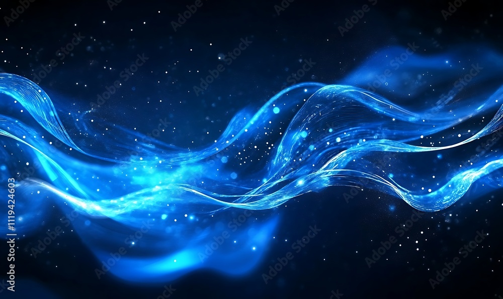 Poster abstract blue glowing light wave on a dark background creating an ethereal and dynamic effect with f