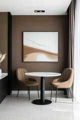 modern interior with brown color, wooden accents, and large window, minimalist interior design for home decor, real estate, and lifestyle advertising. mocha mousse color