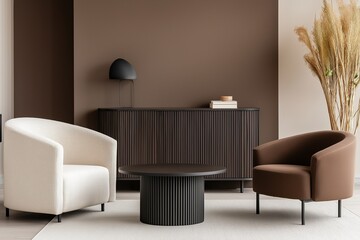 modern interior with brown color, wooden accents, and large window, minimalist interior design for home decor, real estate, and lifestyle advertising. mocha mousse color