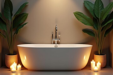 Fototapeta premium Elegant standalone bathtub in a tranquil bathroom setting, illuminated by glowing candles and decorated with lush green plants, perfect for relaxation and self-care.