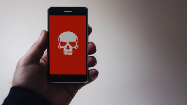 Cybersecurity Threat: A hand holding a smartphone with a skull and crossbones icon on the screen, symbolizing the dangers of cyber threats.  Copy space