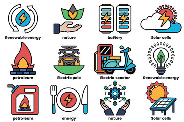 Set of illustrations in the concept of renewable energy in line drawing style © toonsteb