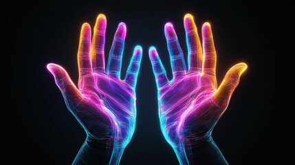 Vibrant holographic hands glowing with neon plasma layers on dark background