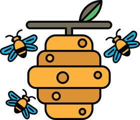 A yellow honeycomb with three bees flying around it