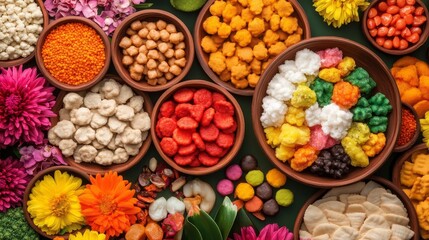 Colorful Indian Sweets and Flowers