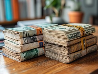 Stacks of cash labeled for different saving goals, placed neatly on a desk, soft natural shadows
