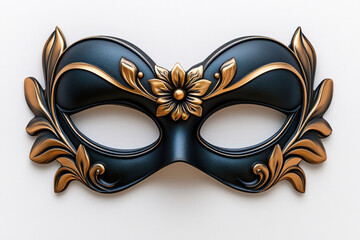 Elegant black and gold masquerade mask with floral details on white background