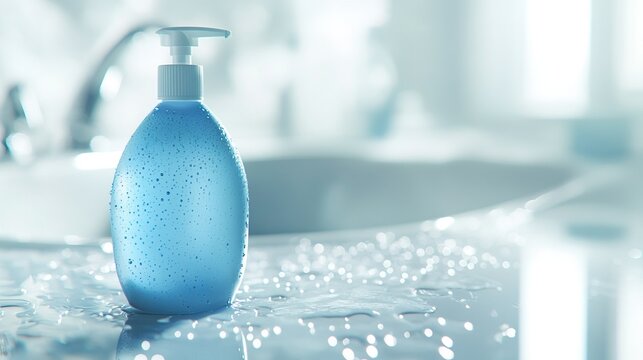 Close-up of blue soap dispenser on wet bathroom counter with water droplets highlighting house cleaning concept