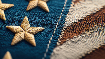 close up of American flag focusing on stars and stitching details