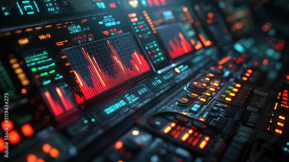 Poster futuristic control panel with vibrant displays showing data graphs and digital readouts.