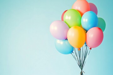 A bouquet of multicolored balloons tied together with a string, floating in front of a clear, solid light blue background, with ample space for text below.