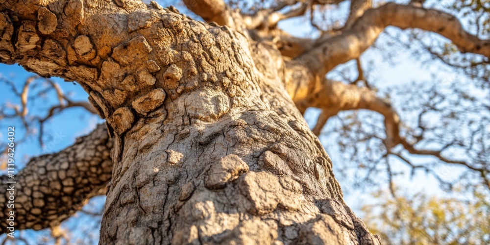 Poster a close-up view of a tree trunk showcasing intricate bark textures and patterns. the warm hues of th