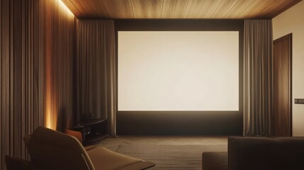 Home theater with a minimalist blank screen, textured curtains, and subdued ambient lighting.
