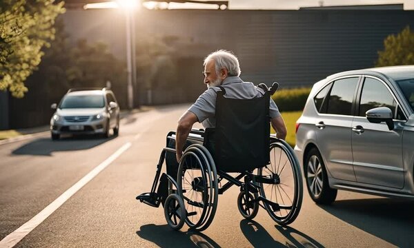 Person in a wheelchair in a parking lot.