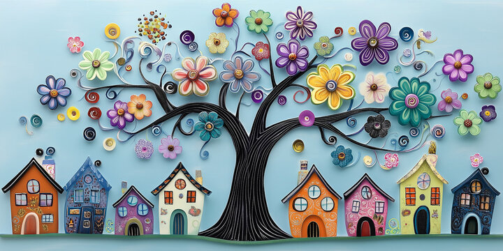 Albero stilizzato con fiori. Sfondo. Banner.