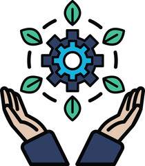 A graphic of two hands holding a gear with green leaves surrounding it