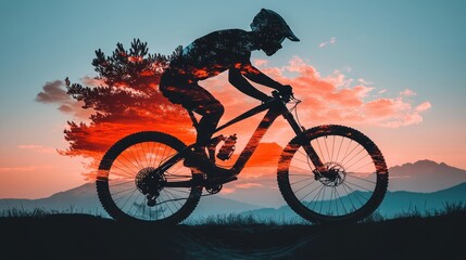 Obraz premium Mountain biker racing at sunset outdoor adventure scenic landscape energetic viewpoint