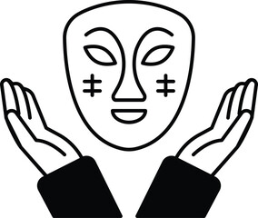 A cartoon of a face with a mask on it and two hands holding it