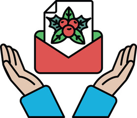 A hand holding an envelope with a red and green design on it