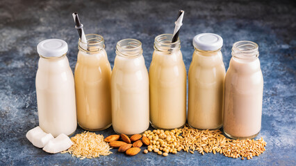 A bottles of alternative  milk and ingredient