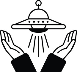 A cartoon drawing of two hands holding up a spaceship