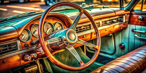Classic Car Dashboard & Steering Wheel Macro Photography: Vintage Automotive Interior Details