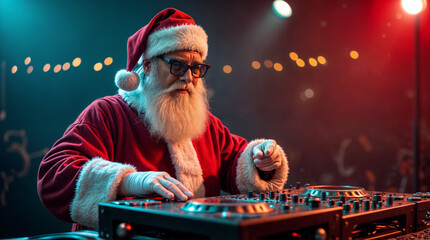 Santa Claus is playing a DJ set at a club