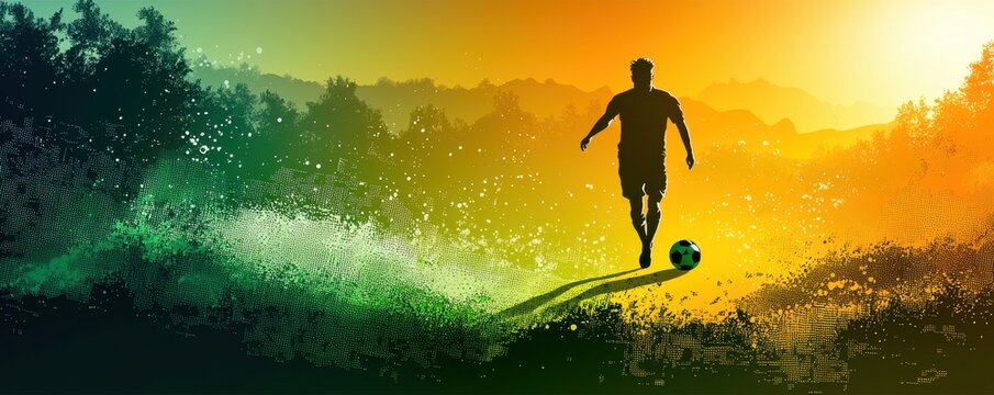 Dynamic soccer player silhouette with vibrant sunset background - Powered by Adobe