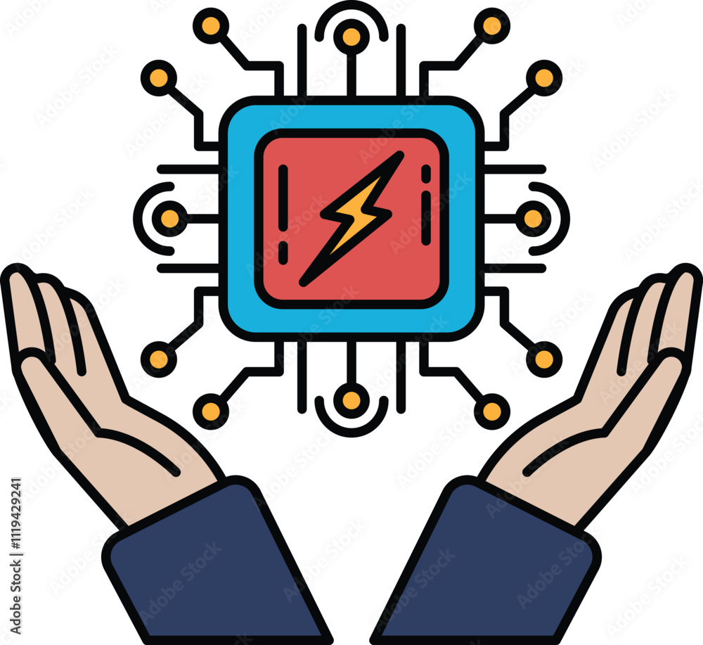 Poster a hand is holding a computer chip with a lightning bolt on it