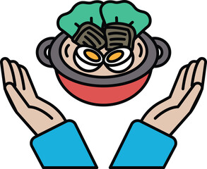 A cartoon drawing of two hands holding a bowl of food