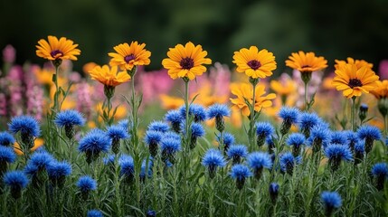 Fototapeta premium Vibrant orange and blue flowers in a garden.