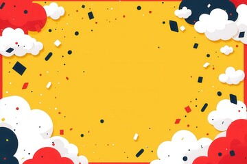 Vibrant yellow cartoon background with colorful clouds and confetti
