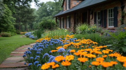 Serene garden path alongside vibrant flowerbeds and charming house.