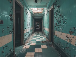 Abandoned psychiatric hospital interior slung derelict forsaken outcast