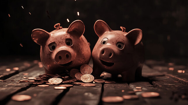 Broken piggy bank with coins scattered around, symbolizing financial struggle and the need for careful budgeting and saving.