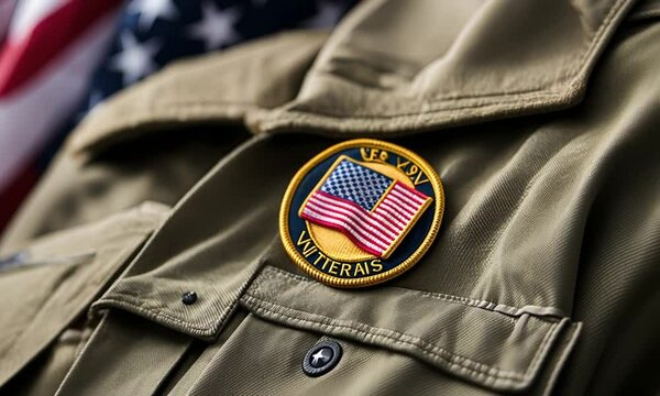 USA flag veteran patch on a military jacket.