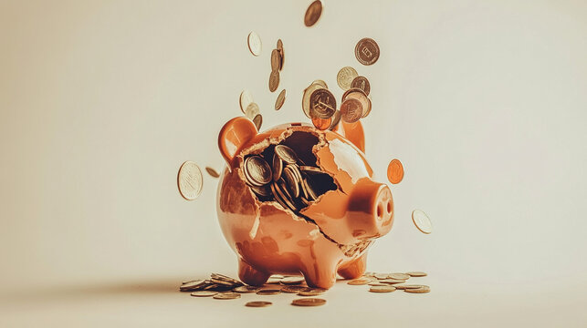 Broken piggy bank with coins scattered around, symbolizing financial struggle and the need for careful budgeting and saving.
