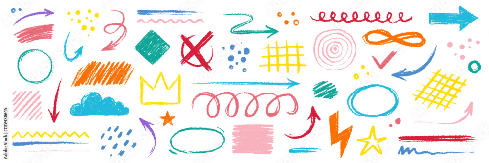 Aufkleber arrow brush line color paint element shape set. crayon abstract doodle color circle, arrow sketch ha