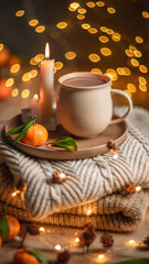 Christmas hot chocolate with tangerines and burning candles on a stack of knitted sweaters creates a cozy winter atmosphere with warm bokeh lights