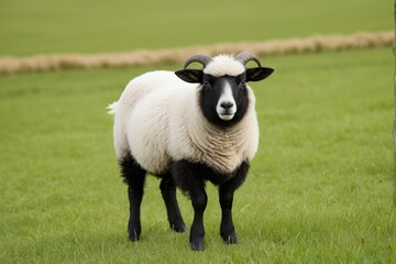 Fototapeta premium there is a sheep standing in a field of grass with a fence in the background
