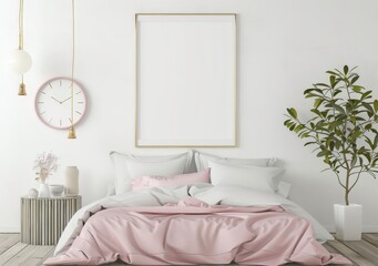 A minimalist bedroom interior with a bed. a clock. a plant. and a blank frame on the wall